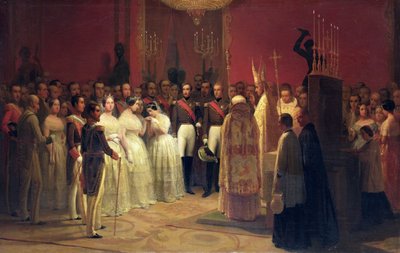 Huwelijken van koningin Isabella II (1830-1904) met prins Francisco de Assisi de Bourbon (1822-1902) en van Maria Luisa Fernanda (1832-97) infanta van Spanje met Antoine d